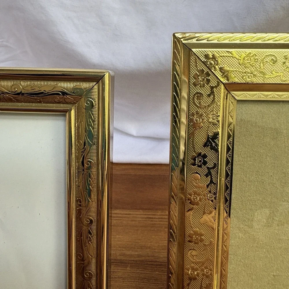 2pc Gold Tone Small Picture Frame Set Ornate Decorative Vintage Style